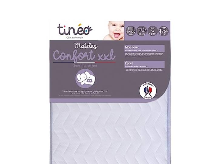 Tinéo - Matelas Bébé 60x120x15cm - Confort XXL - Epaisseur 15 cm - Plateau Matelassé- Confort - Fabriqué en France\, Blanc