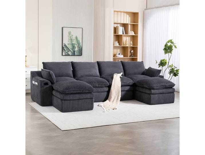Ensemble canapé modulable 4 places + 2 poufs coussins inclus 2 poches latérales salon/bureau gris foncé