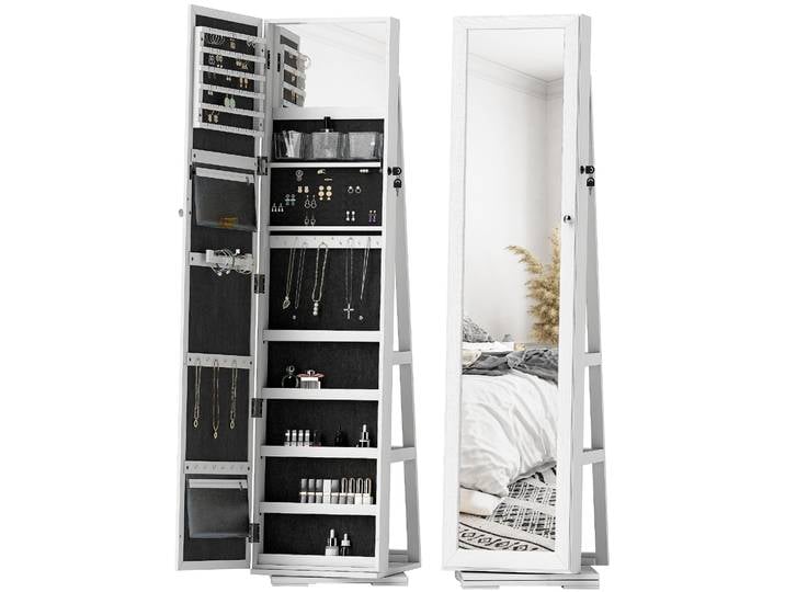 HOMCOM Armoire à Bijoux pivotante verrouillable boîte à bijoux avec Miroir - Armoire Bijoux Multi-Rangement - en Bois Blanc