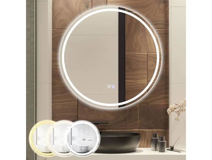 RELAX4LIFE Miroir Salle de Bain Intelligent avec Désembuage/Bouton Tactile 3 Couleurs LED&Lumiosité Réglable Dia.60cm Anti-buée