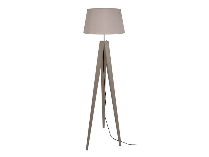 Lampadaire trepied bois taupe abat-jour tissu taupe