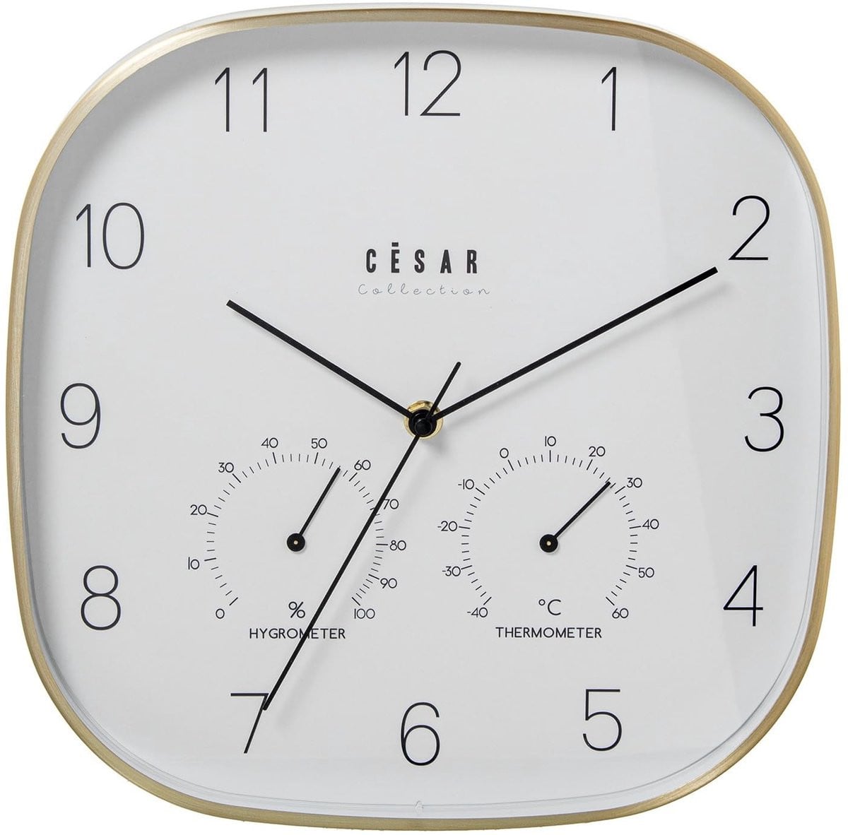 Analoge aluminium wandklok met thermometer en hygrometer in gouden frame