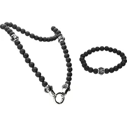 SET Lavastein Kugelkette + Kugelarmband TOTENKÖPFE