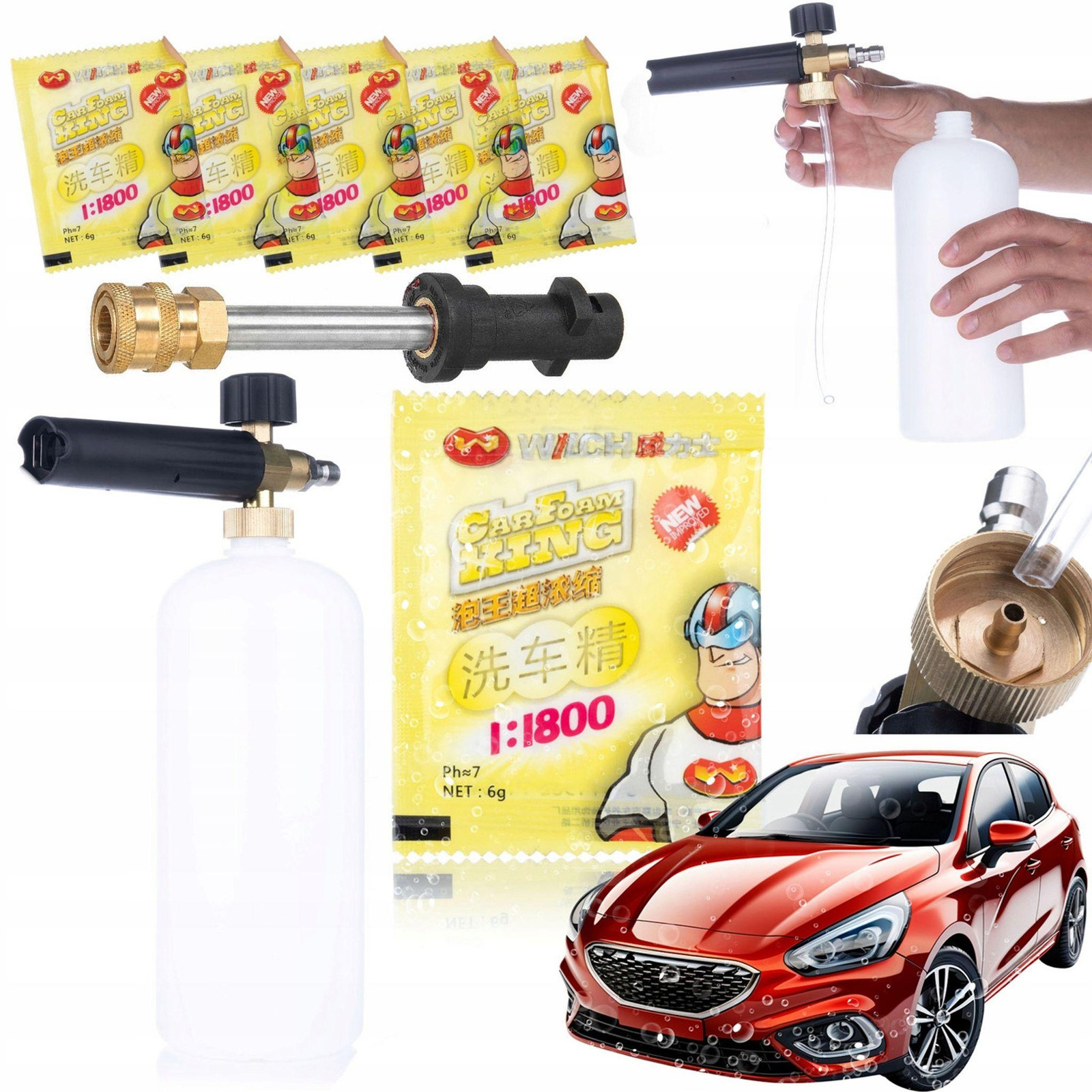 ROSFIX Schuimpistool met Actief Schuimpoeder 6g en 1000ml Reservoir, Hogedruklans 1/4 QRC, Geschikt voor 70–200 BAR en 60°C