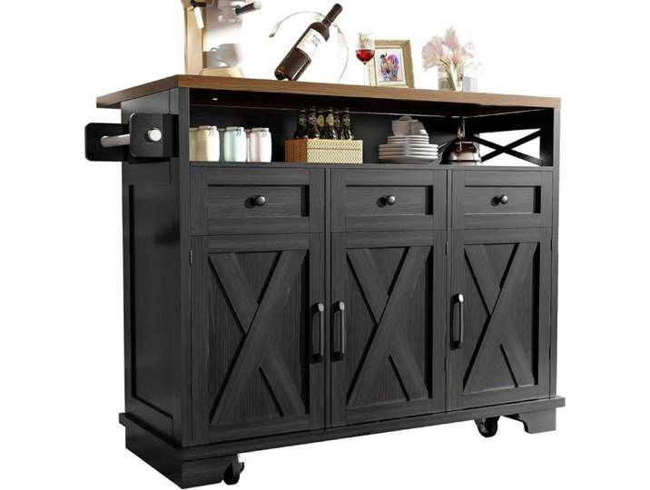 Cuisine à roulettes-Buffet Cuisine de Rangement avec Plateau de Table Pliable-Espace de Rangement Multifonctionnel-Noir