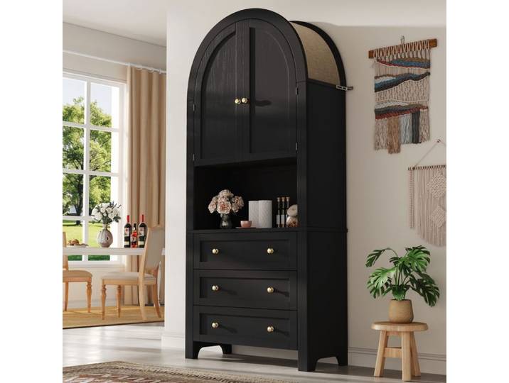 Buffet haut - SOGEU - 70x40x180 - Portes courbes rembourrées - Tiroirs spacieux - Niches ouvertes