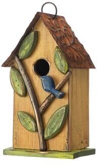 "Glitzhome 10""H Multicolor Cute Distressed Solid Wood Birdhouse with 3D Flowers"