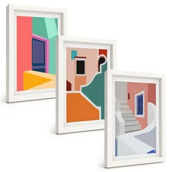 BILDER SET 3er Set - 20x30 cm Weißer Rahmen - Farbenfrohe Illustrationen von Gebäuden