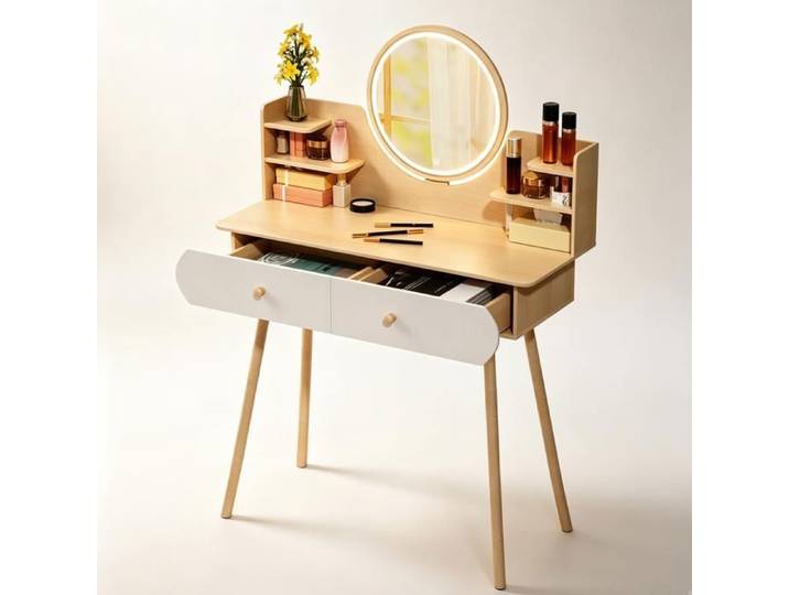 GIPAZ Coiffeuse avec Miroir LED 2 Tiroirs 5 Étagères Rangement Bijoux Table de Maquillage 80cm Couleur bois naturel