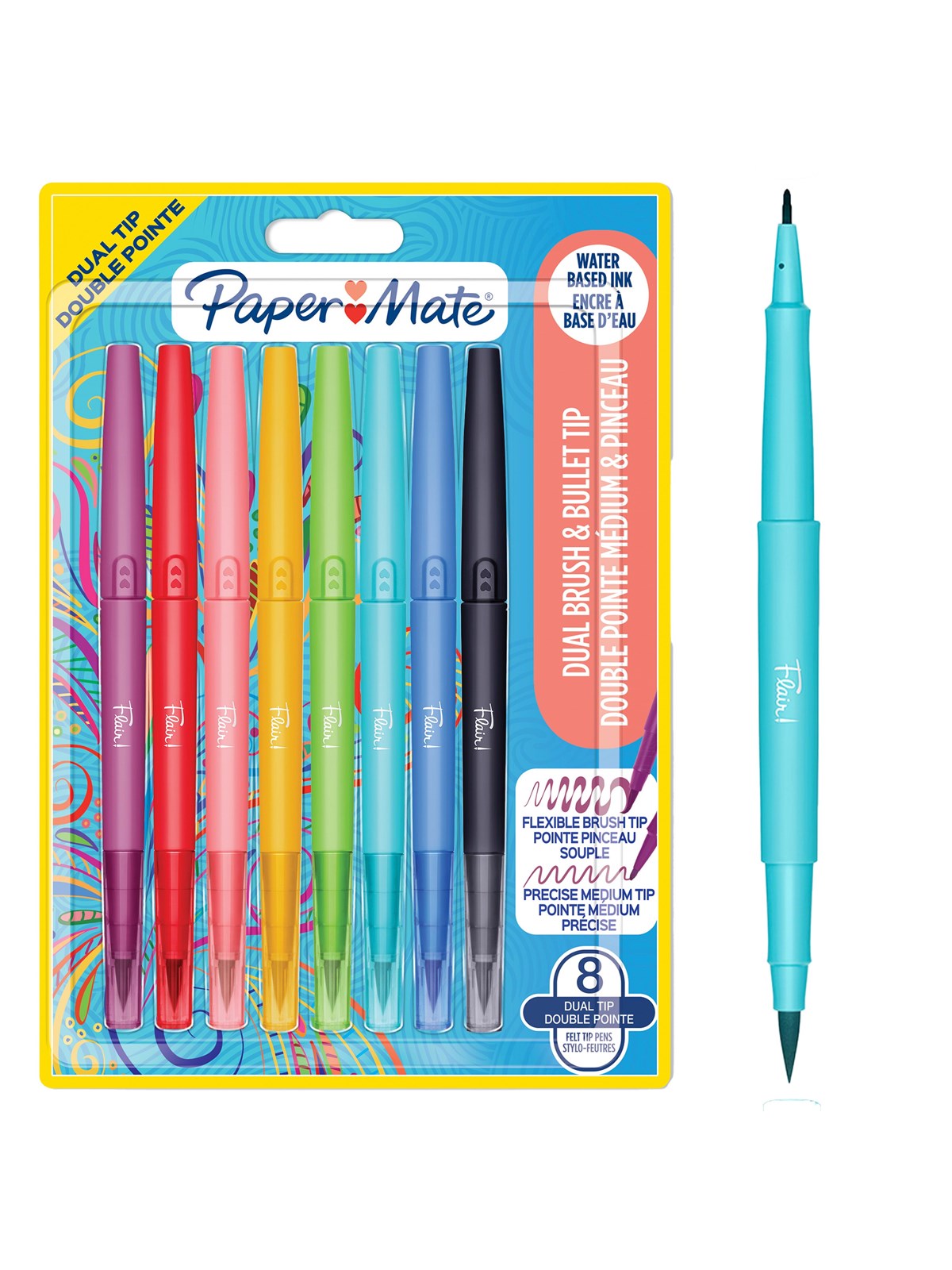 Paper Mate Flair-Filzstifte mit ZWEI Spitzen | Brush-Spitze und mittlere Spitze (0,7 mm) | Farbstifte mit zwei Spitzen | verschiedene Farben | 8 Stück