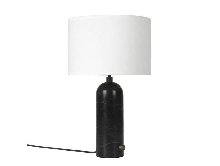 GUBI Gravity S Tischleuchte Black marble, weißer Schirm