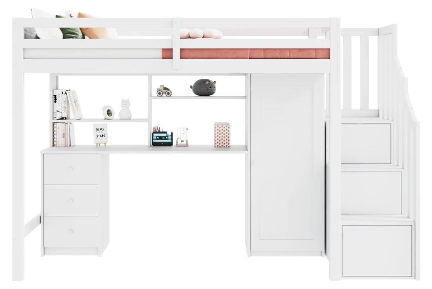 Kinderetagenbett - Multifunktionales Kinderbett - 90 x 200 cm - Massivholz - Schreibtisch - Kleiderschrank - Schubladen - Weiß