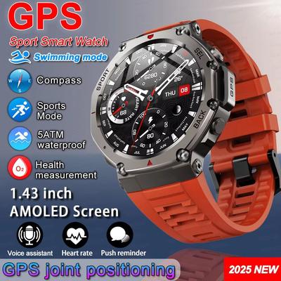 Inspired Finds T Rex 3 Ultra GPS Smartwatch 5ATM Waterproof Military Sports Watch With Dual Band GNSS & Compass (2025 Edition) red