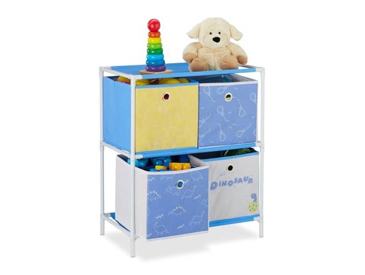 Relaxdays speelgoedkast met 4 manden, voor kinderkamer, jongens & meisjes, dino thema, HBD 62x53x30 cm, meerkleurig