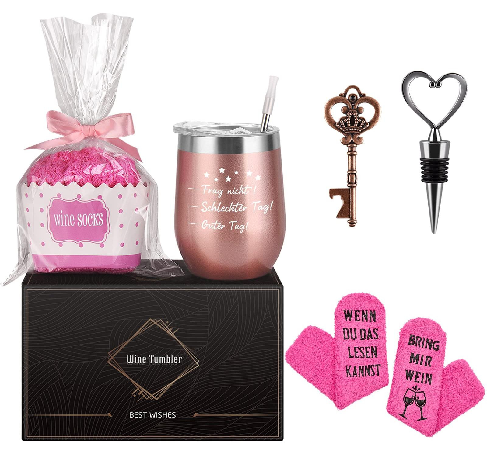 Dripio RVS wijnglas 350 ml met wijnsokken, deksel en kurkentrekker, rosé goudkleurig