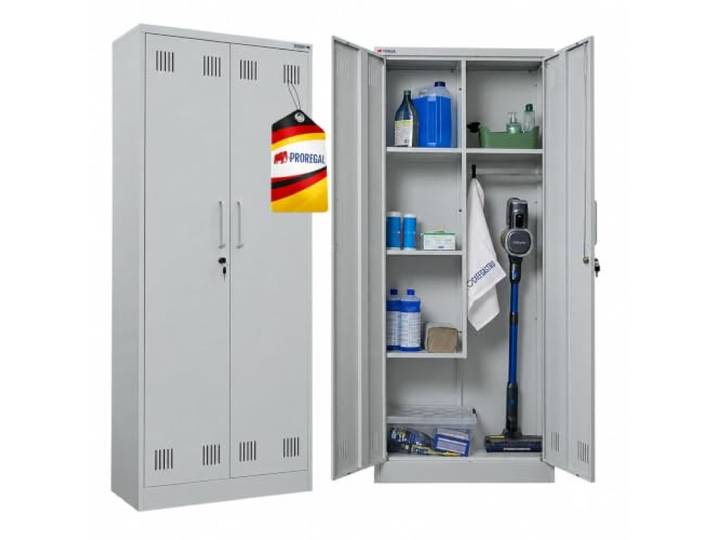 PROREGAL Putzmittelschrank Rhino Metall 170x70x30cm Lichtgrau 2 Türen Abschließbar, 5 Fächer, Kleiderstange, Stahl, Schmal