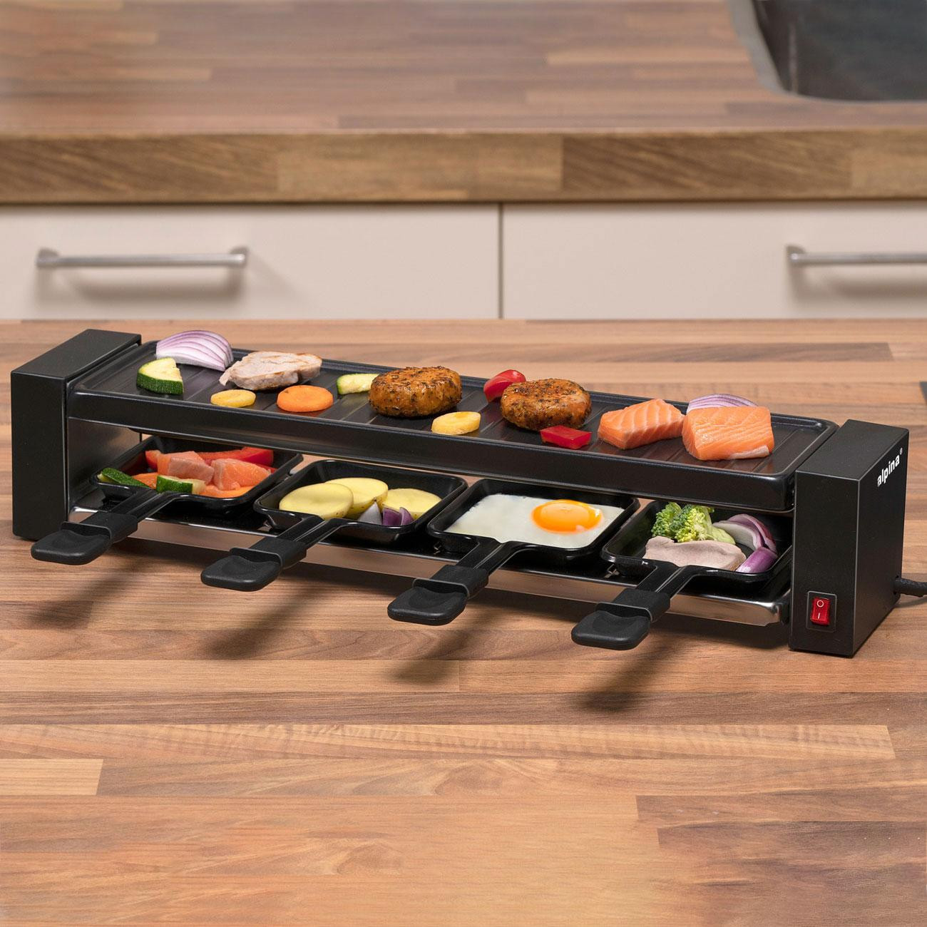 Gourmet grill en raclette voor 4 personen met antiaanbaklaag en roestvrij staal, zwart, 800W