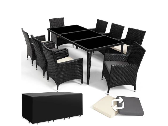 Aluminium Rattan Sitzgruppe Menorca 8+1 mit Schutzhülle - schwarz