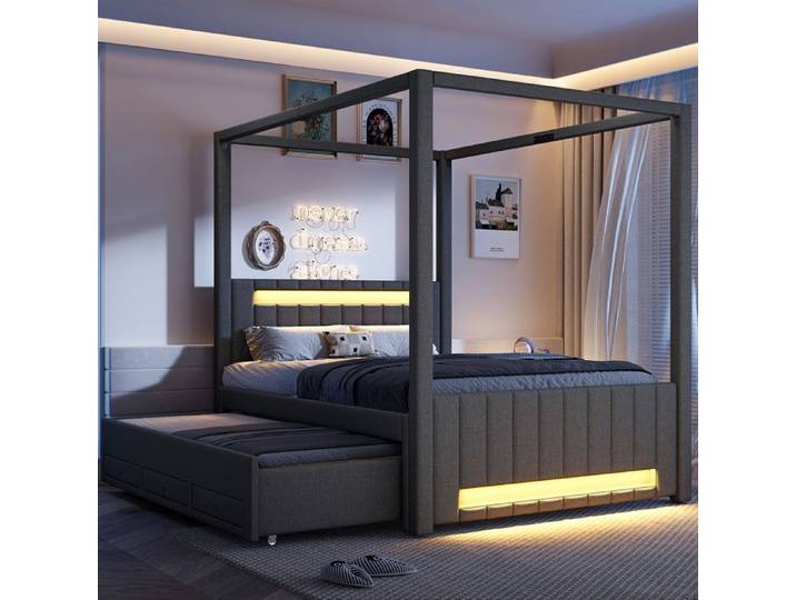 Grand lit à baldaquin capitonné 140x200 avec lit tiré 3 tiroirs LED gris
