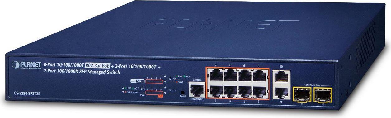 PLANET GS-5220-8P2T2S, Managed, L2+, Gigabit Ethernet (10/100/1000), Power over Ethernet (PoE), Rack-Einbau, 1U