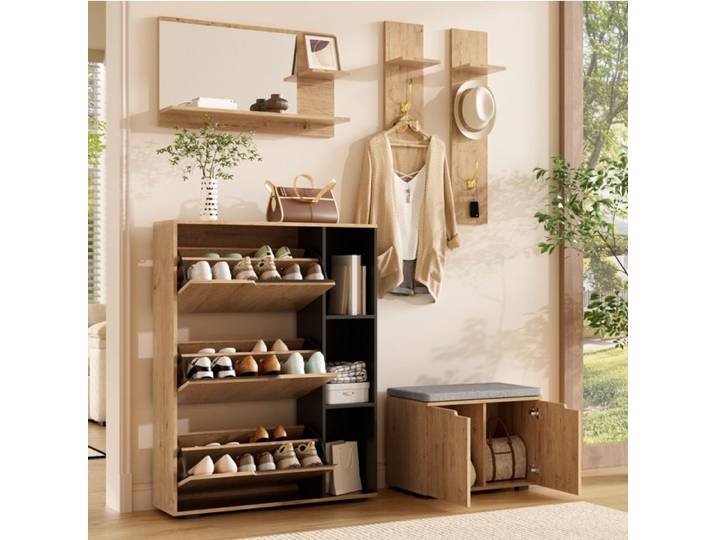 VUENOR Ensemble vestiaire d'entrée 150 x 35 x 161 5 cm noir et naturel – miroir patères et banc rembourré