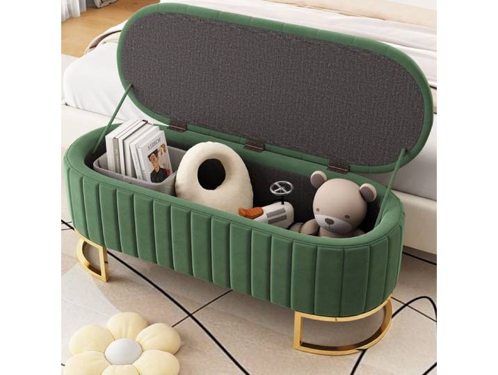 WOVREO banc coffre 120 cm en velours vert avec rangement caché et pieds en métal