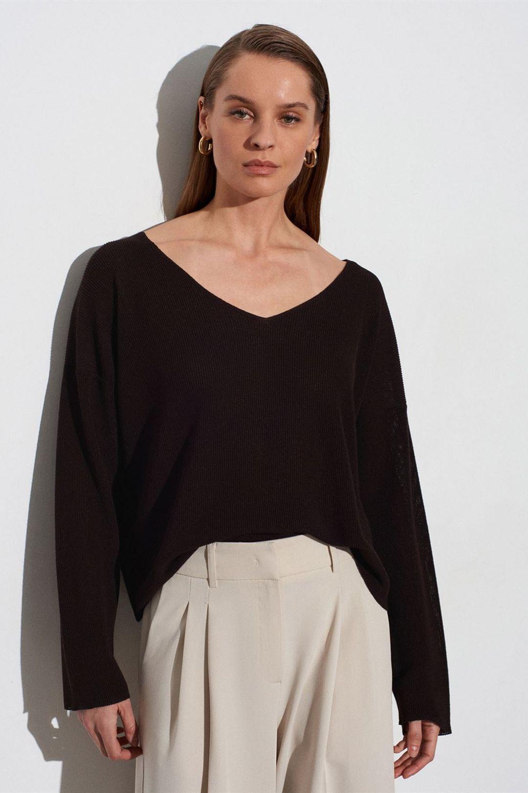 Damen V-Ausschnitt Rippstrickpullover