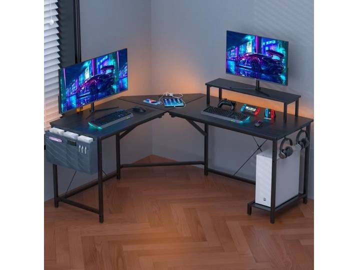 Bureau d'angle VIVOLILV - Noir - avec support d'écran/CPU/Caisson à dossiers suspendu