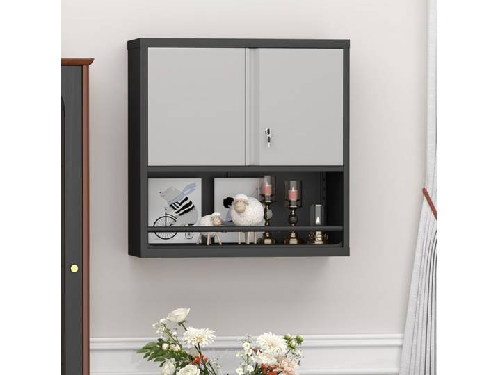 Armoire murale métallique noire BELLEMAVE 2 portes étagères modulables rangement multifonction cuisine salon bureau