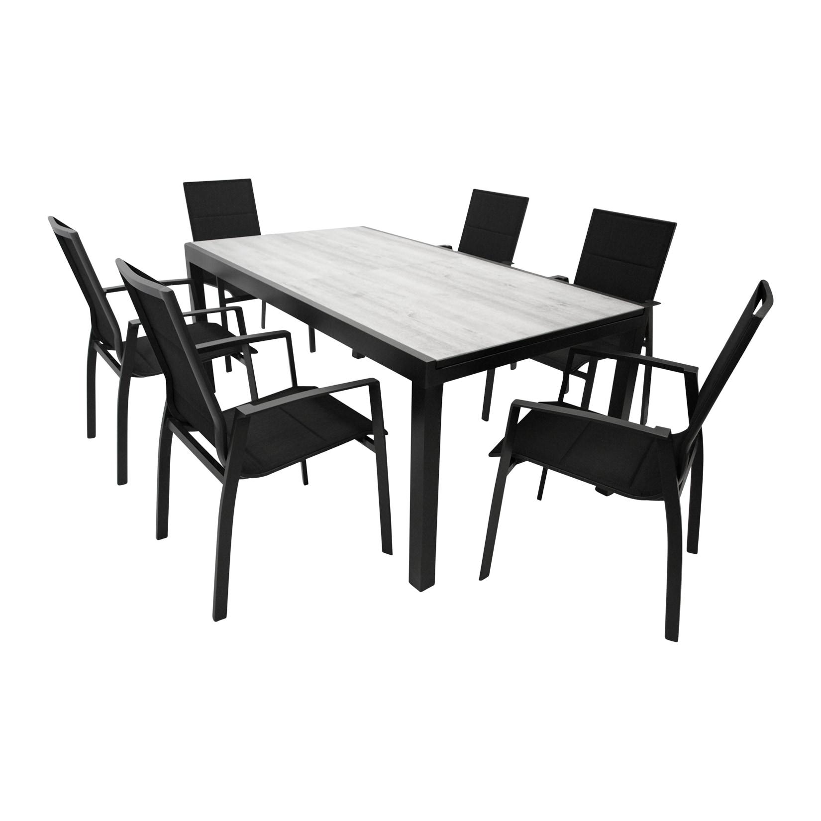 Garnitur FARO 7-teilig, Aluminium anthrazit + Glas + Kunstgewebe schwarz