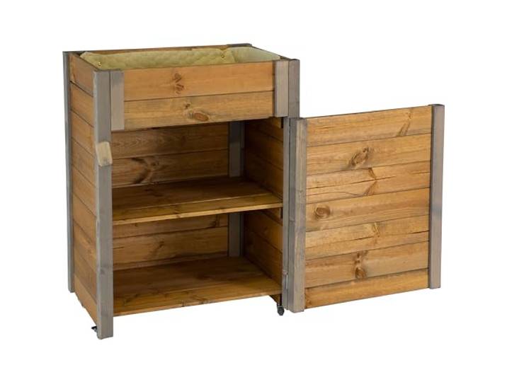 dobar® Select. Rollbares Hochbeet mit Staufach inkl. Schafswolle Gr. L - Erhöhtes Beet auf Rollen - 60 x 40 x 80 cm - Grau-Braun