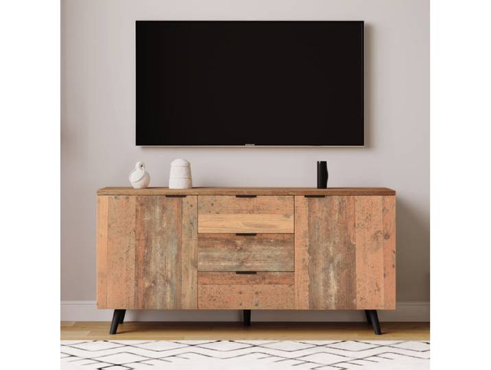 Meuble TV - SENVIRO buffet vintage lignes patinées rangement 140x35x70cm brun antique
