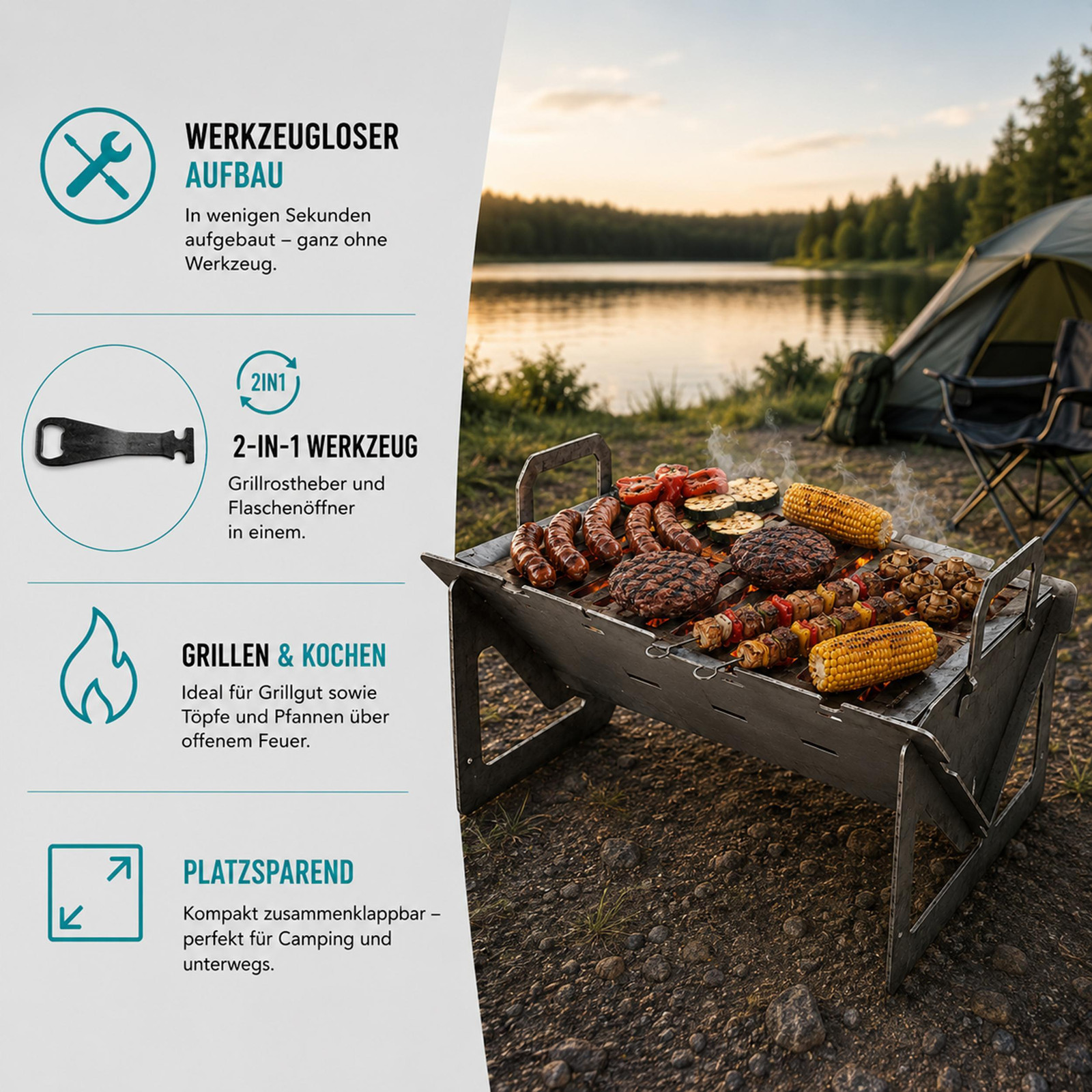 QLS Inklapbare stalen tabletop grill voor kamperen en barbecueën
