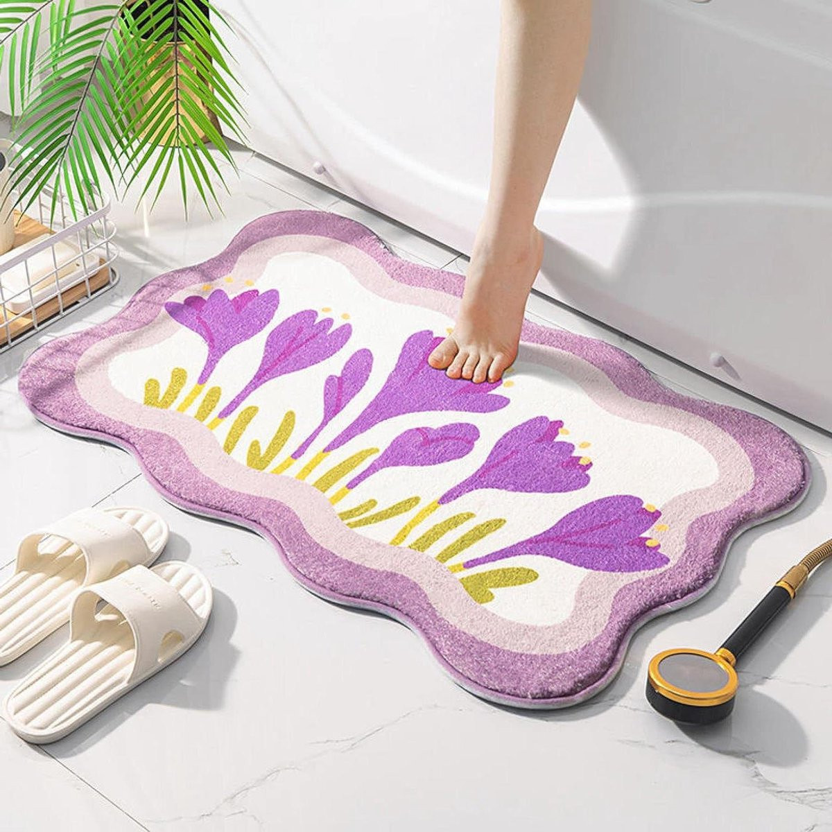 Badkamermat Bloem Antislip - Zachte Microfiber - Paars Groen