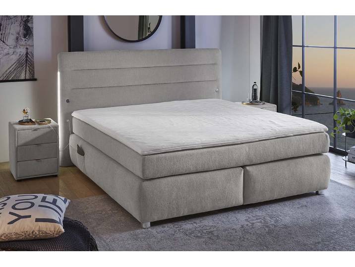 Boxspringbett, 205x217 cm, Chenille, Grau, Inkl. LED & 4x USB, Modern, Jockenhöfer