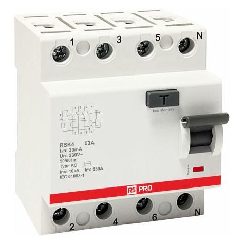 RS PRO RSK2 FI-Schutzschalter, 4-polig, 63A, 300 m (755728)