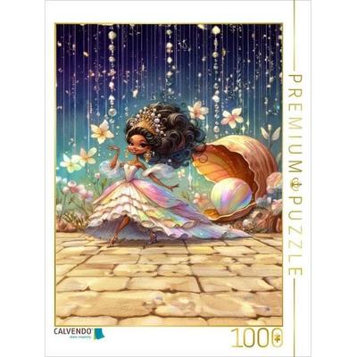 CALVENDO Puzzle Eine kleine Fee mit bunten Kleid vor einer großen Muschel mit einer Perle | 1000 Teile Lege-Größe 64x48cm Foto-Puzzle für glückliche