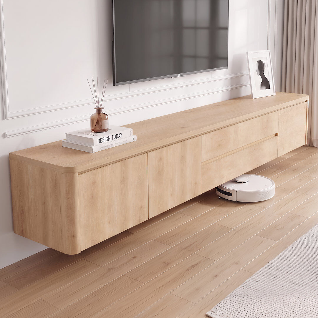 Ebern Designs 180cm Floating Tv Unit Wall Mounted With Door, Tv Cabinet Stand Large Storage, Completely Assembled Living Room Tv Media Console, Oak Oak Wood 75"