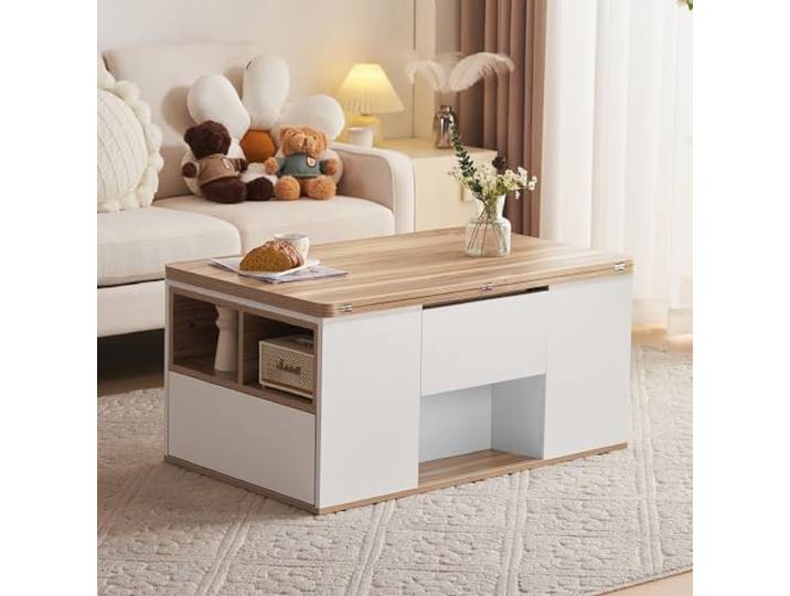 Hebbarer Multifunktions-Couchtisch - Tischplatte öffnet Sich zu 2 Tischen, Weiß + Originalholzfarbe, große Kapazität, Moderne Wohnzimmermöbel, Büro-Esstisch Freizeittisch Multifunktionst