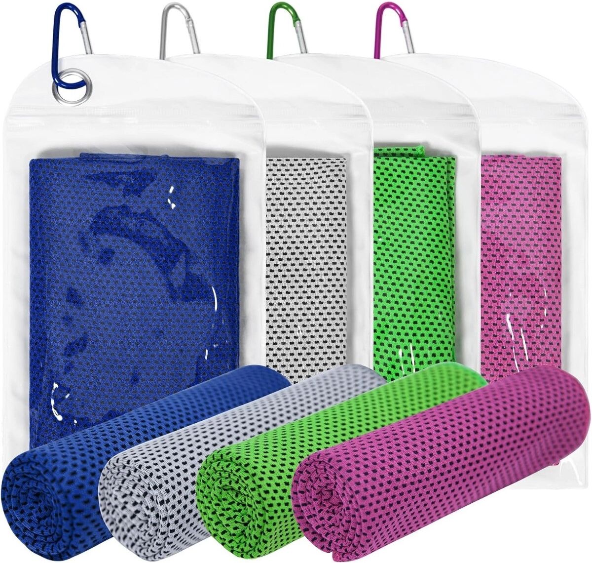 INF 4er-Set sofortkühlende Mikrofaser-Sporthandtücher, 30cm x 100cm, schnell trocknend, mehrfarbig mit Tragetasche