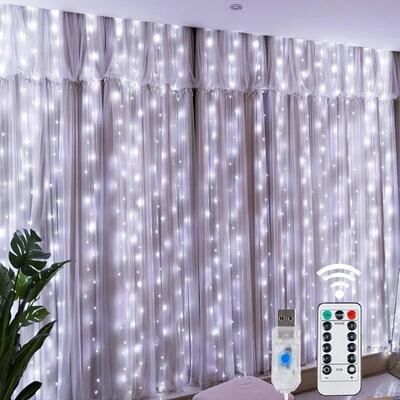 Uplift Picks USB LED Curtain String Lights With Remote 8 Lighting Modes white Lights 200 Leds
