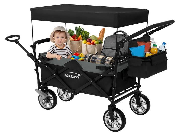 Hauki Bollerwagen faltbar mit Dach, Handwagen klappbar für Kinder, Strand, Picknick, Camping, Transportwagen XXL Schwarz-Grau, Gerätewagen mit Tasche