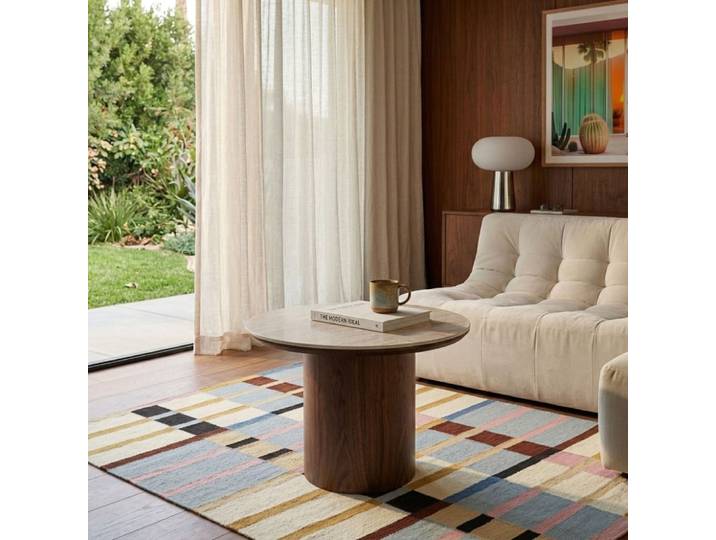 Table basse placage noyer et plateau céramique effet travertin