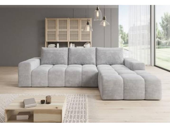 möbelfest Molli Ecksofa L‑Form – Cord‑Stoff - Rechts/Links & 4 Farben (Hellgrau, Rechts)