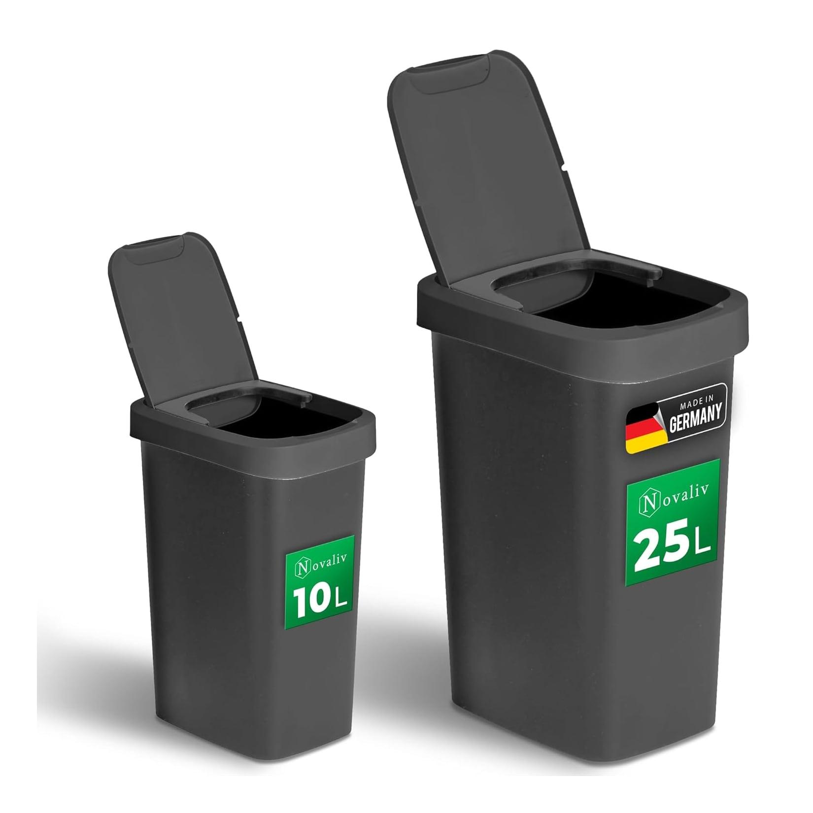 Novaliv Abfalleimer-Set 10L + 25L, Mülleimer mit 2in1 Deckel, Klappdeckel & Schwingdeckel, Anti-Geruch Mülleimer für Bad Küche Haushalt Büro, Müll Eimer Abfall Kunststoff Abfallbehälter