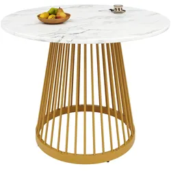 OKWISH Runder Esstisch 80x80x76 cm Weiß+Gold mit marmorierter MDF Tischplatte und Metallbeinen, höhenverstellbare Füße, pflegeleicht und vielseitig