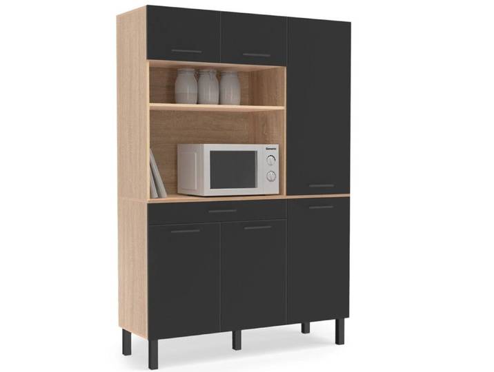 IDMARKET Buffet de cuisine avec colonne de rangement 120 CM CINA 6 portes + tiroir façon hêtre et noir