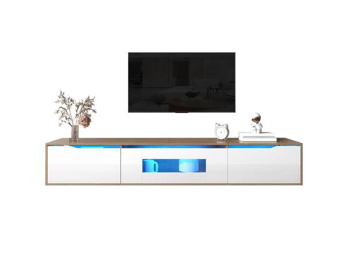 Redom Tv-Schrank in Weiß Hochglanz mit Holzoptik und LED 180/35/30 cm, 180x35x30 cm, Wohnzimmer, TV Möbel, Lowboards, Lowboards stehend