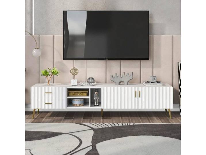 Meuble TV 180cm - Moderne Blanc en Bois - 2 tiroirs 2 Portes 6 Compartiments Armoire de Télévision Buffet Salon Bas