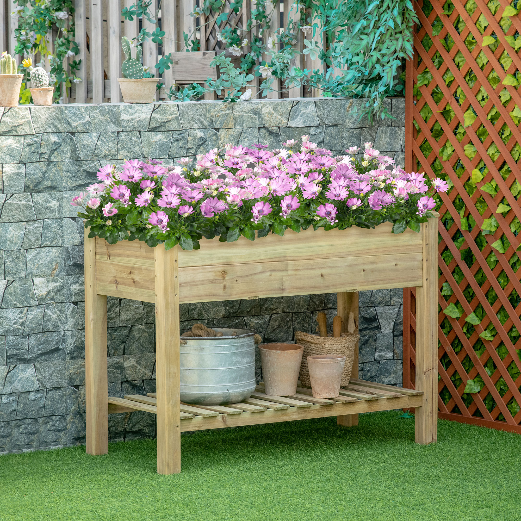 Outsunny Fioriera rialzata con Ripiano di Stoccaggio in Legno, Aiuola quadrata su piedi rialzata, 113 x 56 x 84 cm, legno naturale   Aosom Italy